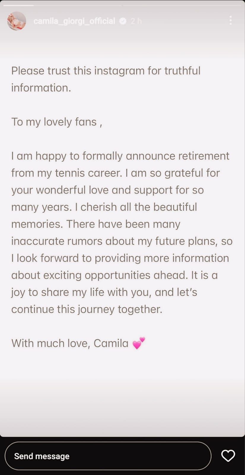 Camila Giorgi&#039;s Instagram story