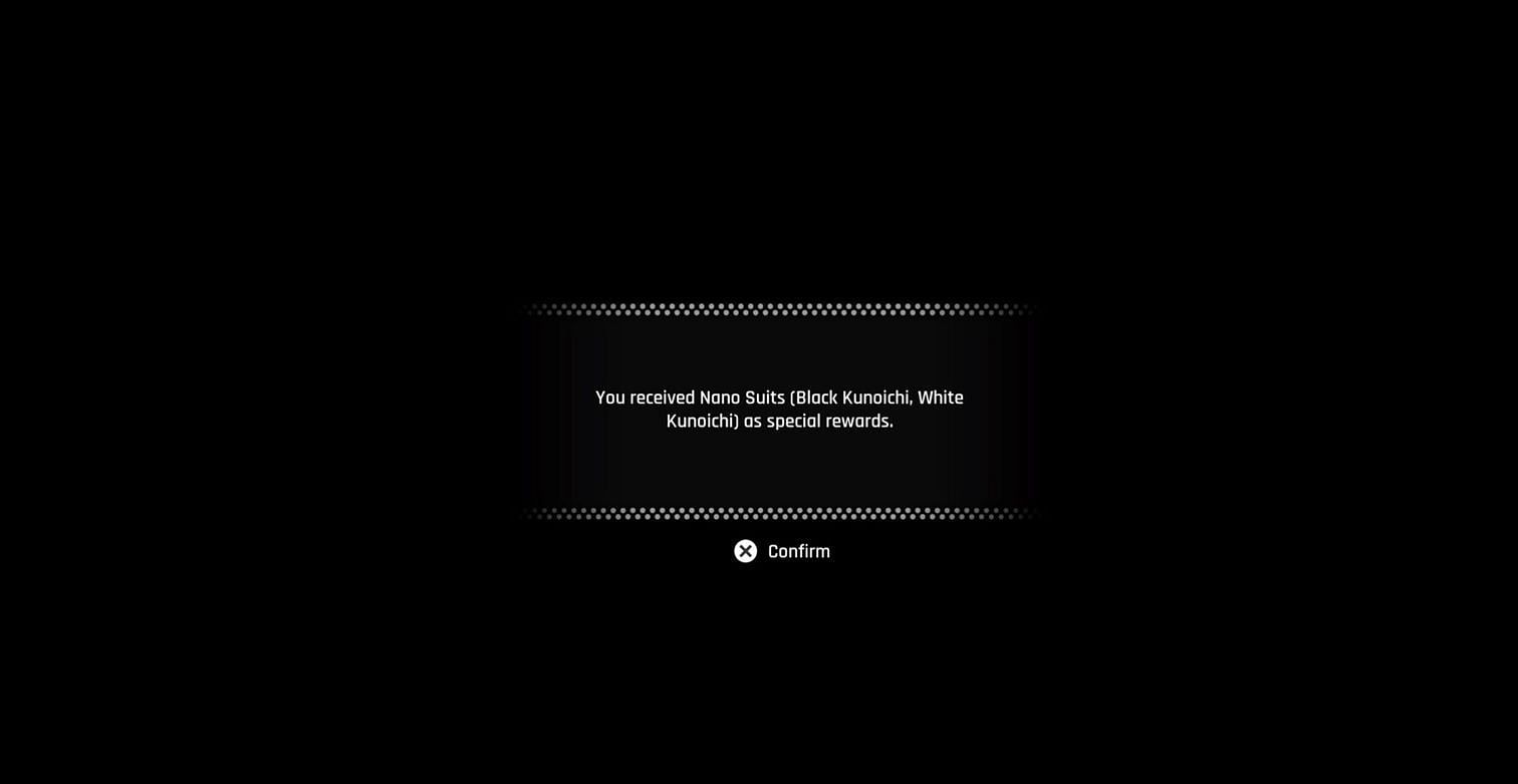 The message confirming Black and White Kunoichi suits in Stellar Blade (Image via Sony Interactive Entertainment)