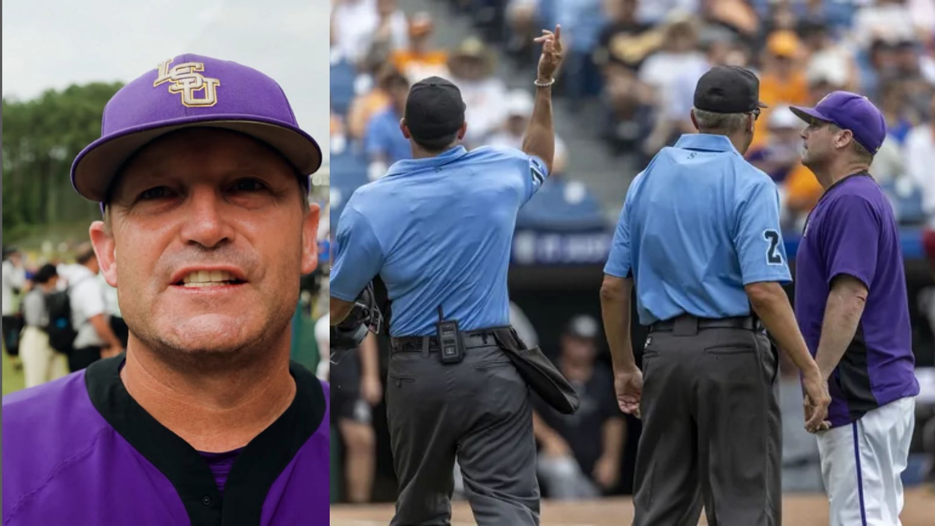 LSU Tigers coach Jay Johnson was ejected in the 10th inning of the SEC Tournament semifinal game against South Carolina.