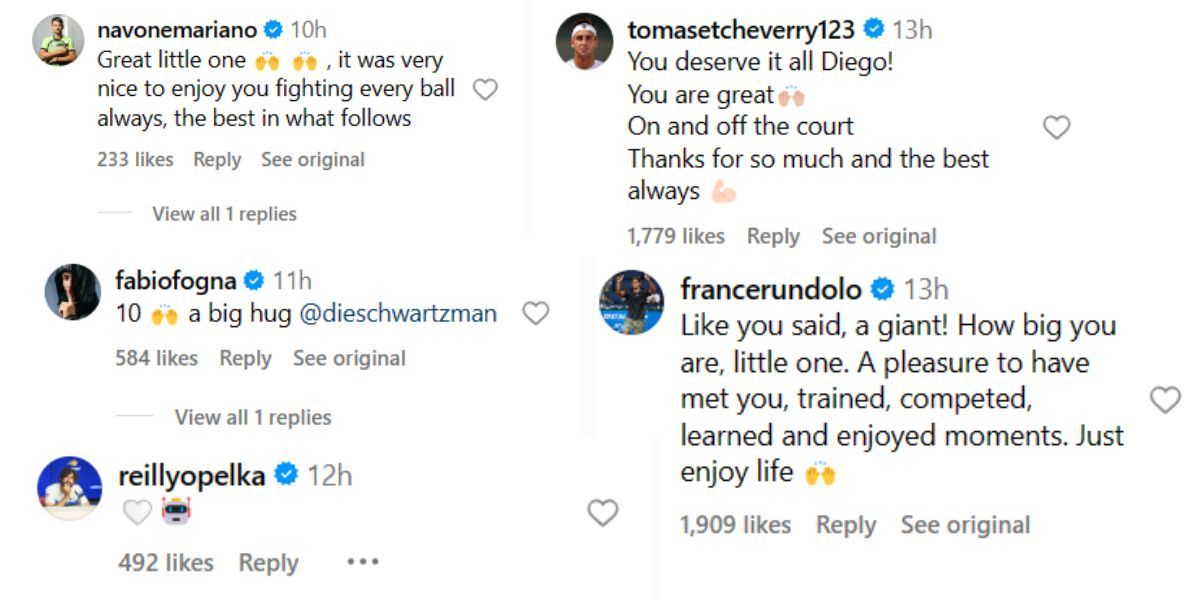 Screenshots of comments under Diego Schwartzman&#039;s post.