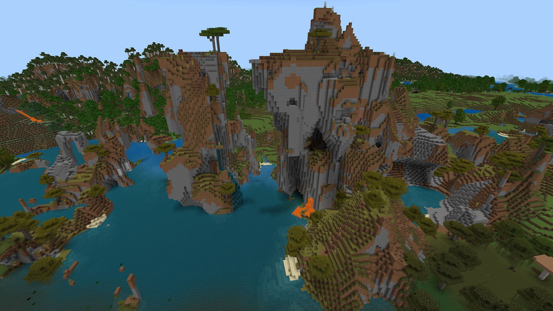 This shattered mountain range is only a few hundred blocks from the seed&#039;s swamp village (Image via Mojang)
