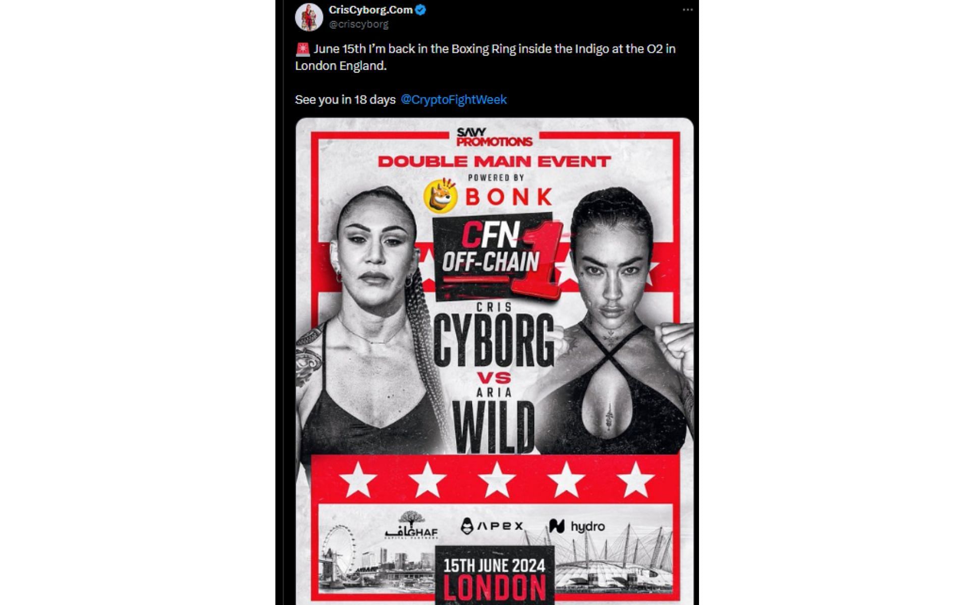 Cyborg&#039;s tweet regarding boxing return [Image courtesy: @criscyborg - X]