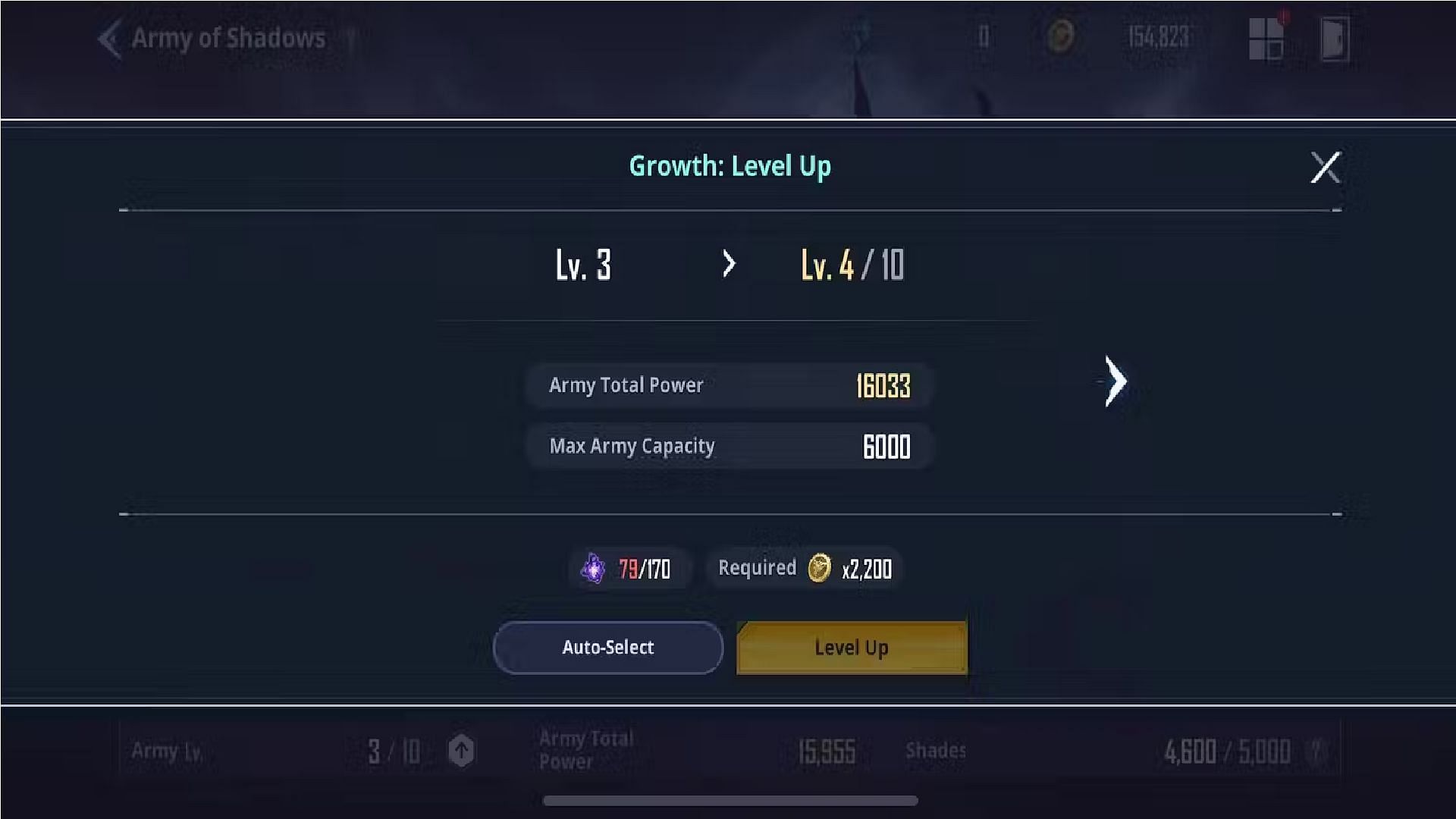 Increase your Army of Shadow level to boost your Total Power (Image via Netmarble)