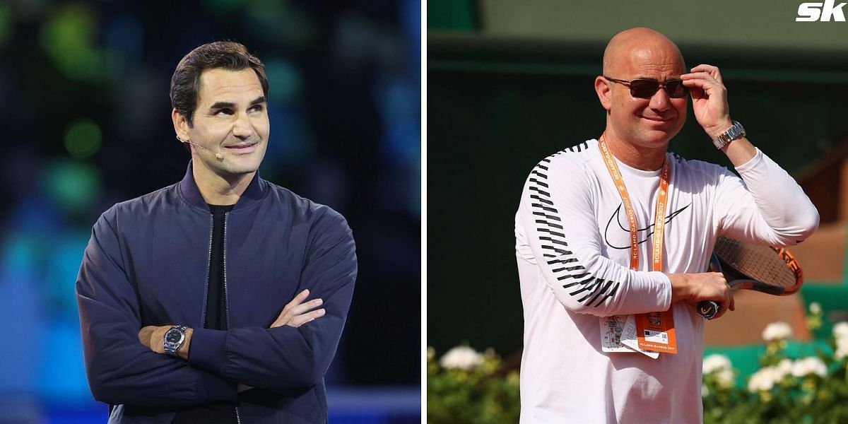 Roger Federer(L) welcomes Andre Agassi(R) as new captain of the Team World 