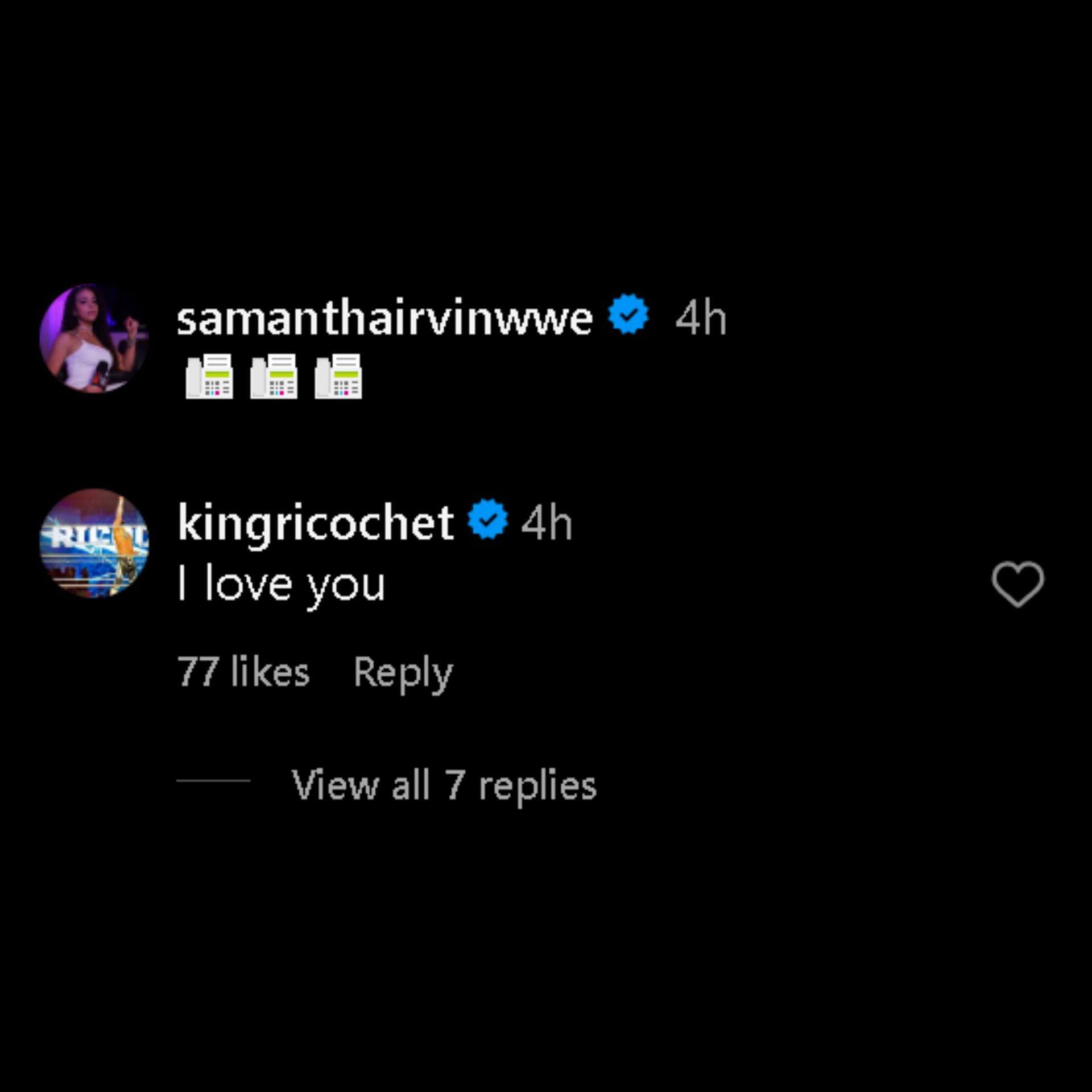 Ricochet&#039;s comment on Samantha Irvin&#039;s Instagram post.