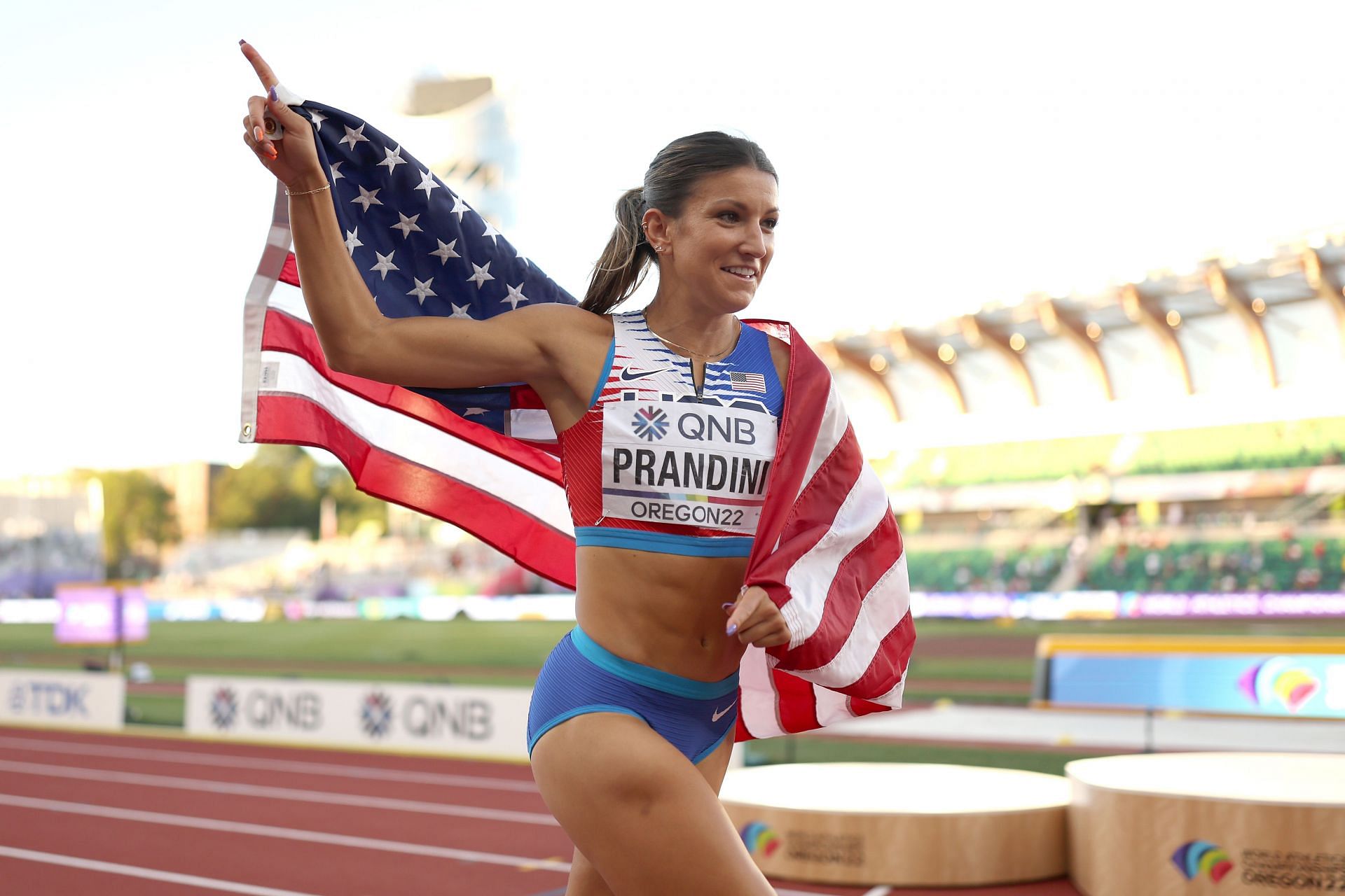 Jenna Prandini in the Women&#039;s 4x100m Relay Final at the World Athletics Championships Oregon22. (Photo by Christian Petersen/Getty Images)