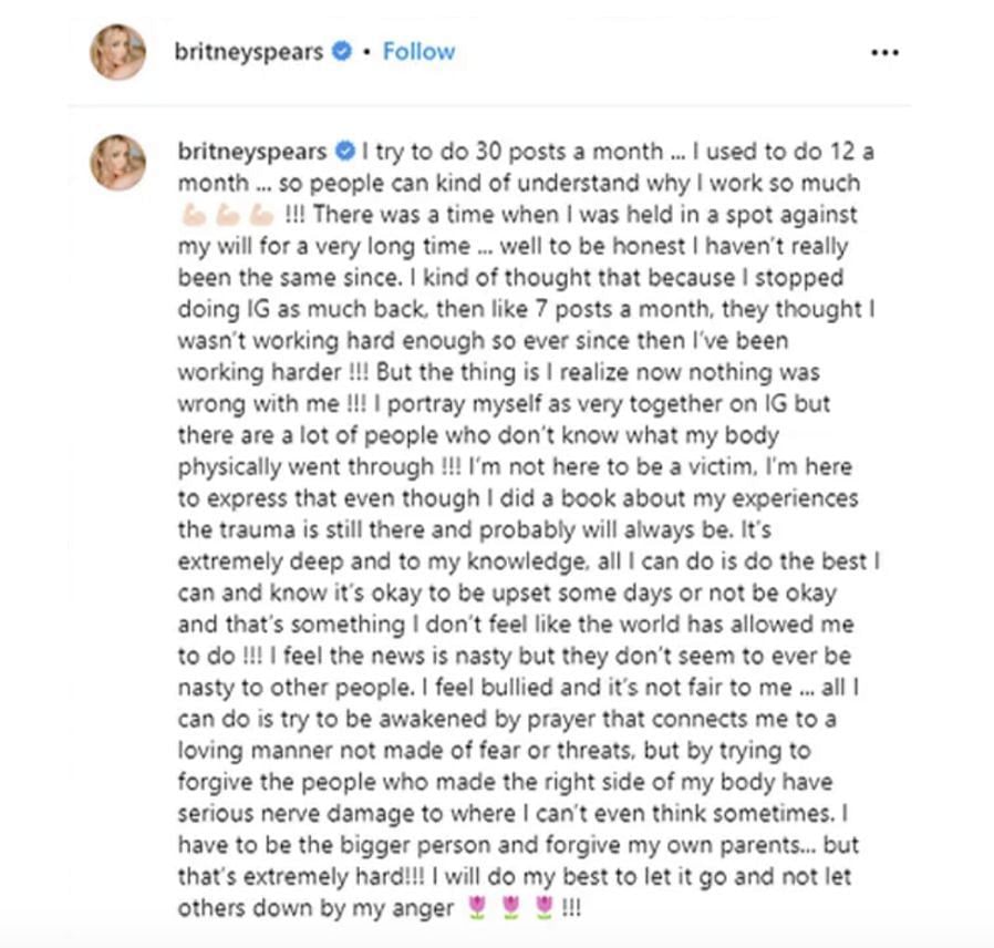 Spears opens up about her parents, trauma and physical injuries. (Image via Britney Spears/ Instagram)