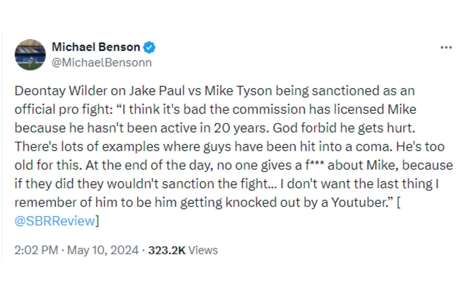 Tweet regarding Wilder&#039;s comments about Paul vs. Tyson being sanctioned [Image courtesy: @MichaelBensonn - X]