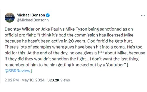 Tweet regarding Wilder's comments about Paul vs. Tyson being sanctioned [Image courtesy: @MichaelBensonn - X]