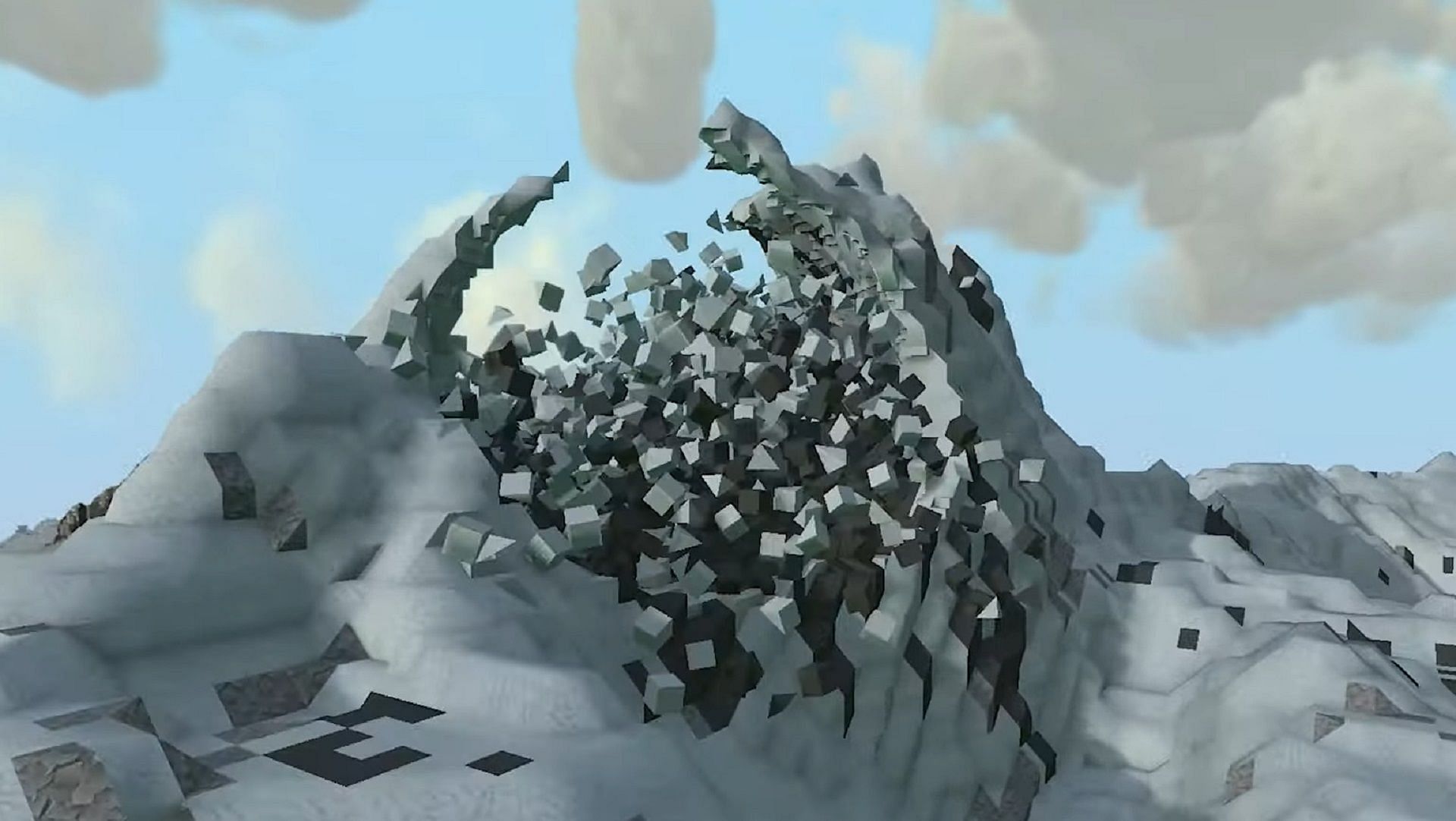 Voxels being shattered in the Elements Engine in a similar sense to the Minecraft Physics Mod. (Image via 4J Studios/YouTube)