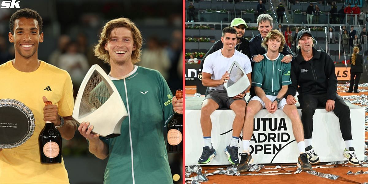 Andrey Rublev celebrates with his team following win over Felix Auger-Aliassime in Madrid Open 2024 final