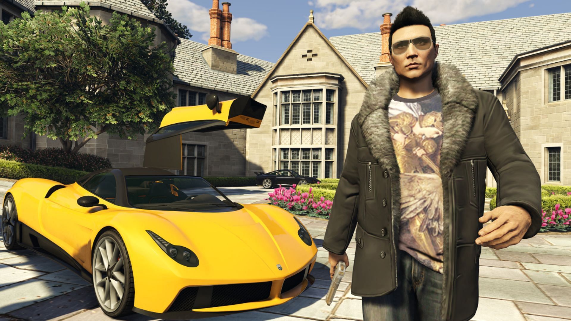 A GTA Online character flexing his expensive car and clothes (Image via Rockstar Games)