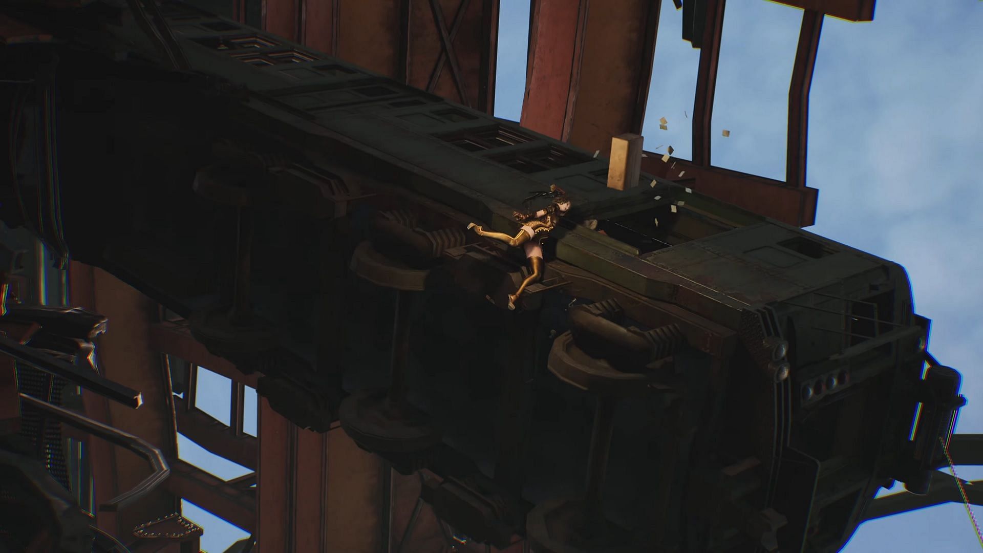 Eve&#039;s character hanging from the train in the PS5 exclusive (Image via Sony Interactive Entertainment)