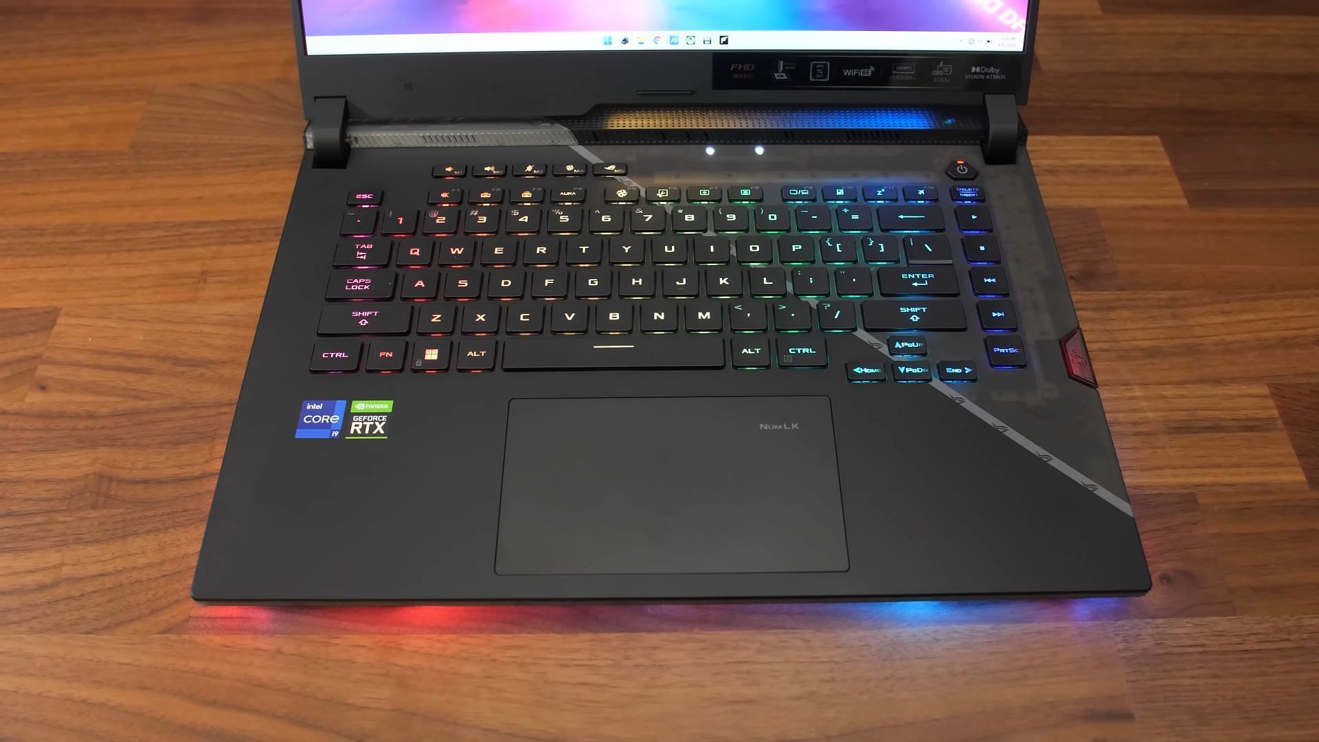 Asus ROG Strix Scar 16 with its RGB strip at the bottom (Image via Jarrod&#039;sTech/YouTube)