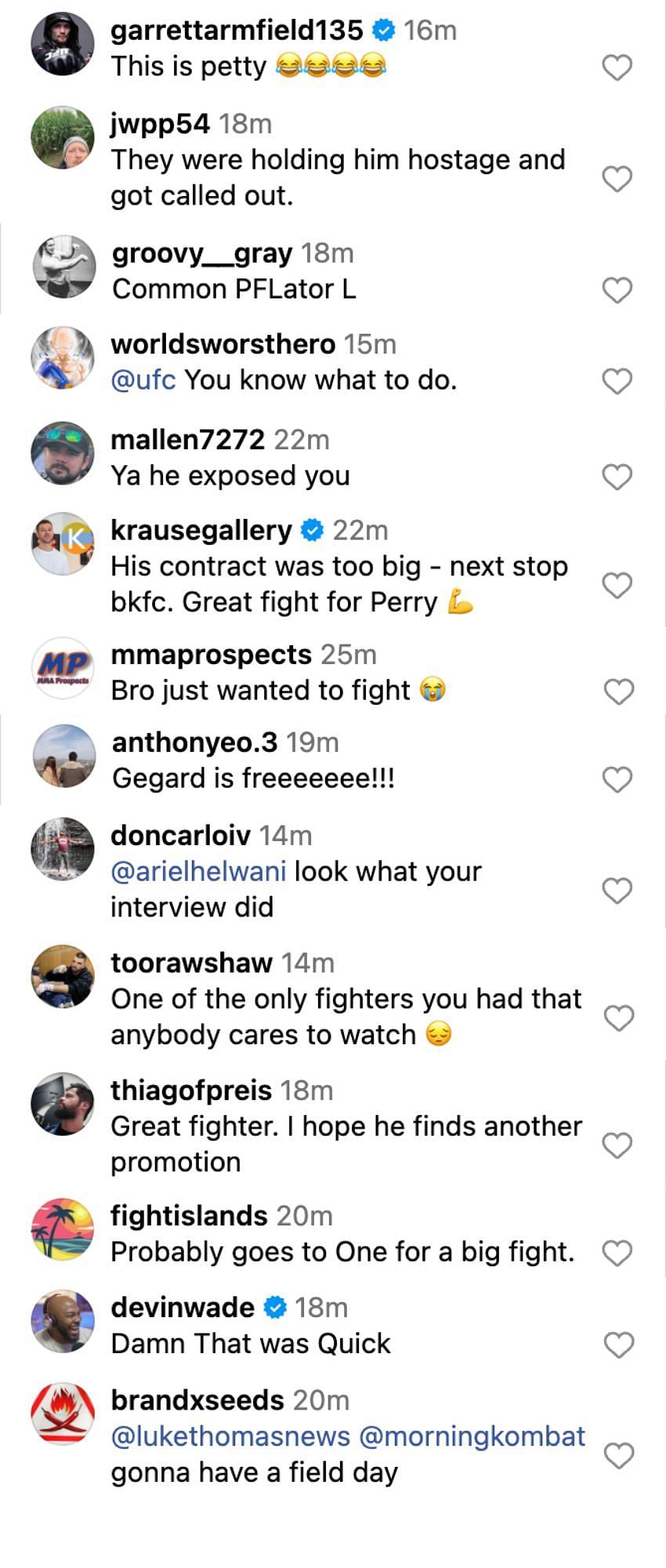 Fans reacting to the PFL cutting Gegard Mousasi [via @pflmma on Instagram]