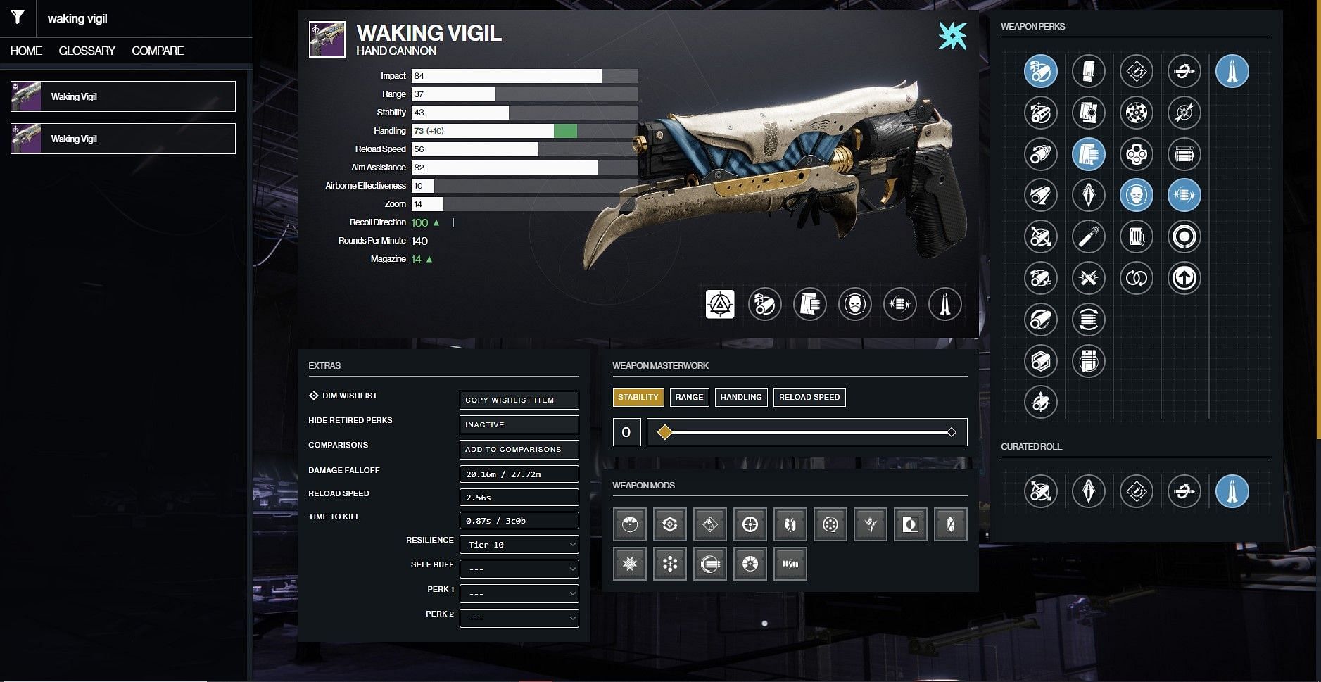 Waking Vigil PvE god roll (Image via D2Gunsmith) 