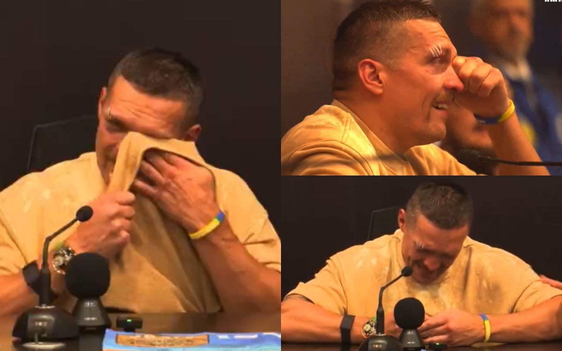 Oleksandr Usyk in tears while discussing about his late father following his undisputed title win [Images courtesy @MichaelBensonn via Usyk vs. Fury broadcast]