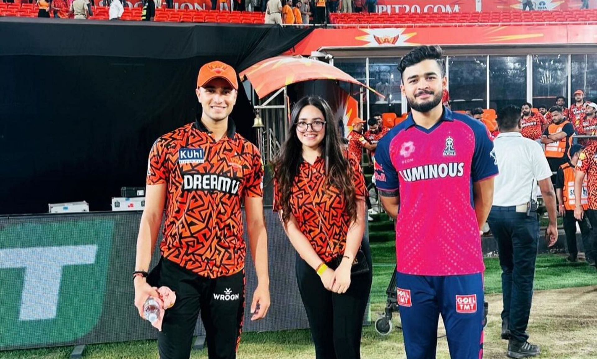 Riyan Parag with Abhishek Sharma and his sister. (Image Credits: Komal Sharma/X)