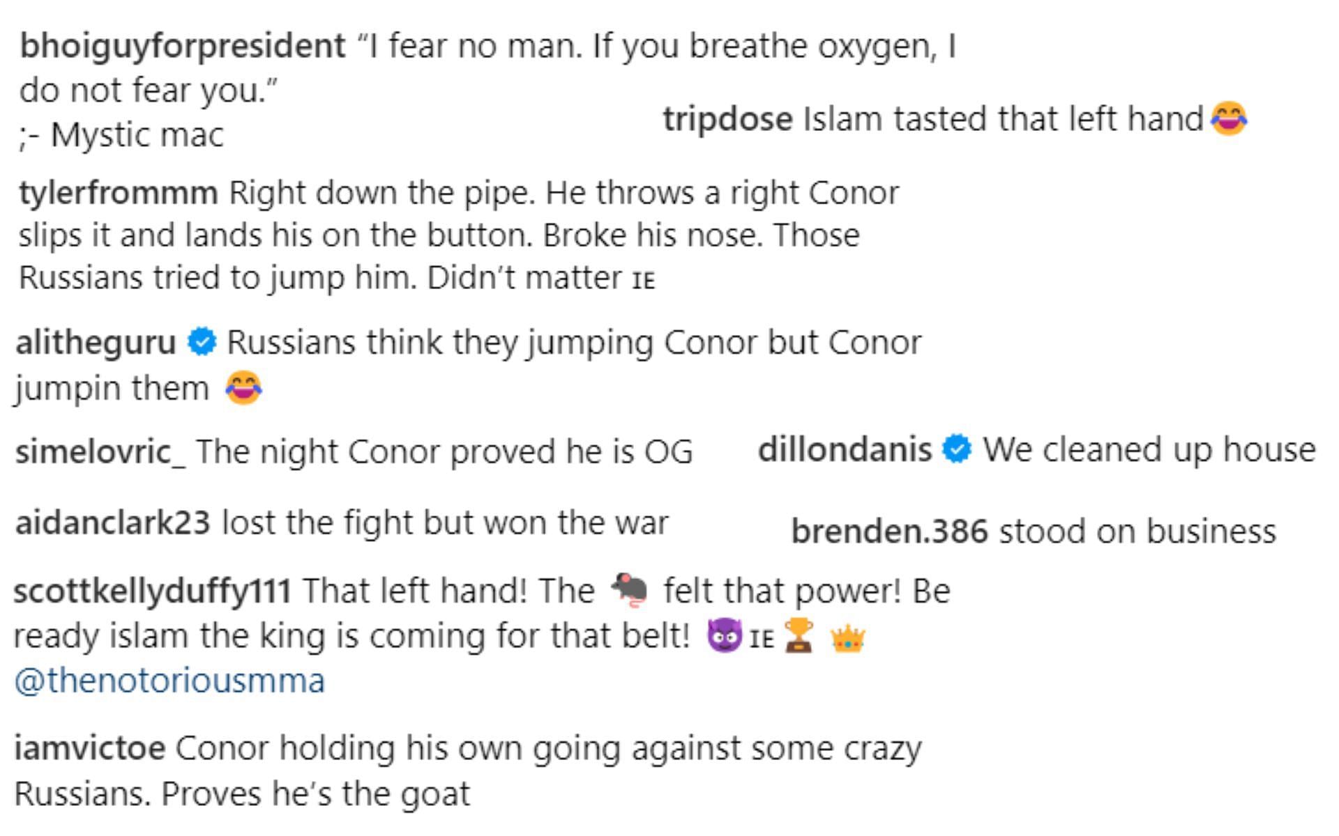 Screenshot of fan reactions to Conor McGregor&#039;s post on Instagram