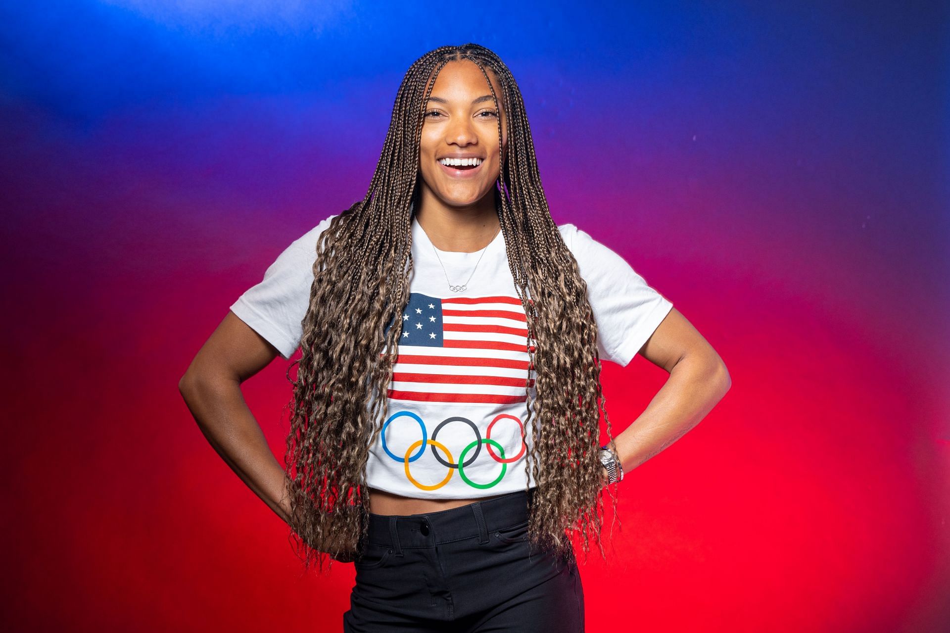 Tara Davis-Woodhall poses for a portrait during the 2024 Team USA Media Summit at the Marriott Marquis Hotel in New York City.