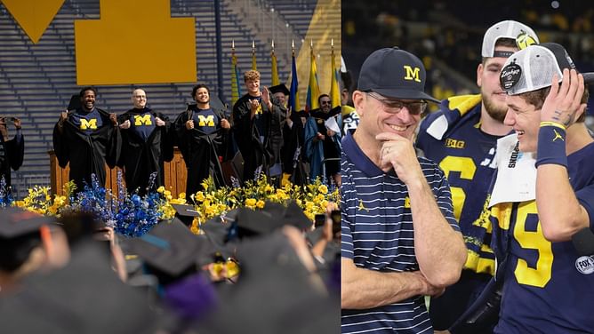 PHOTO: Former Michigan stars J.J McCarthy and Blake Corum strike Superman pose during spring commencement
