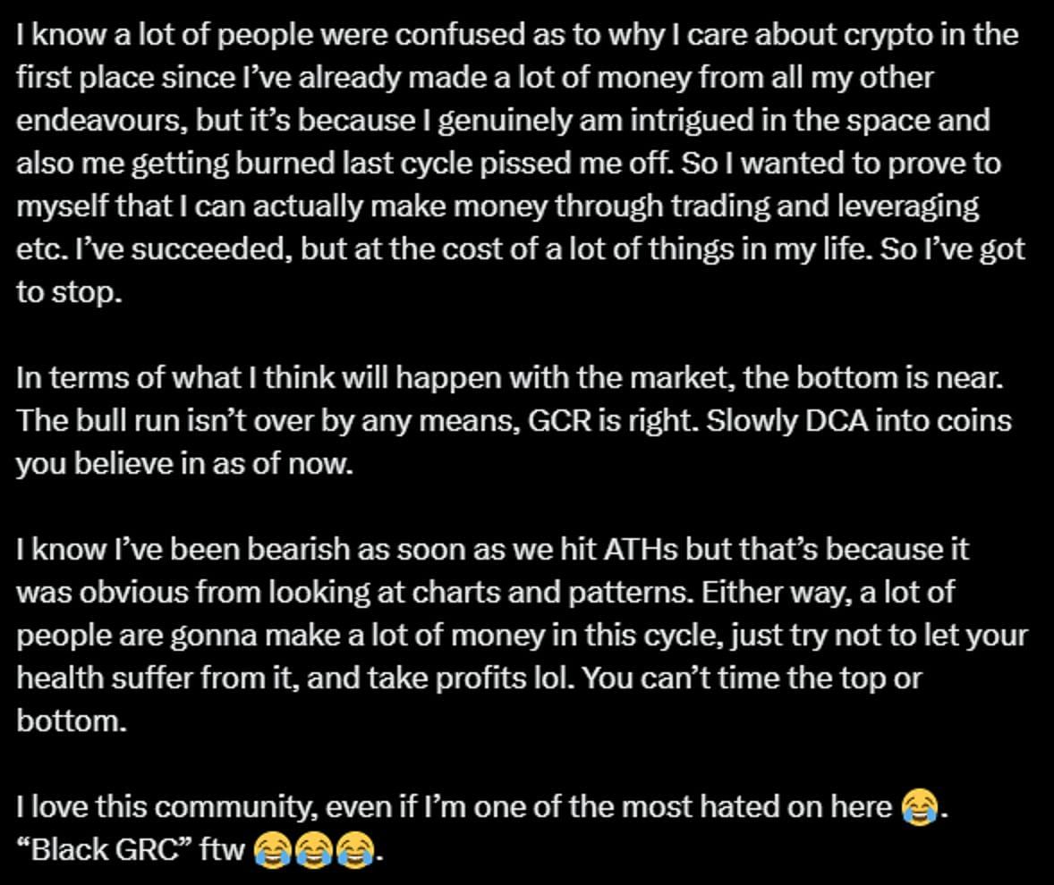 JJ explains why he does crypto (Image via X)