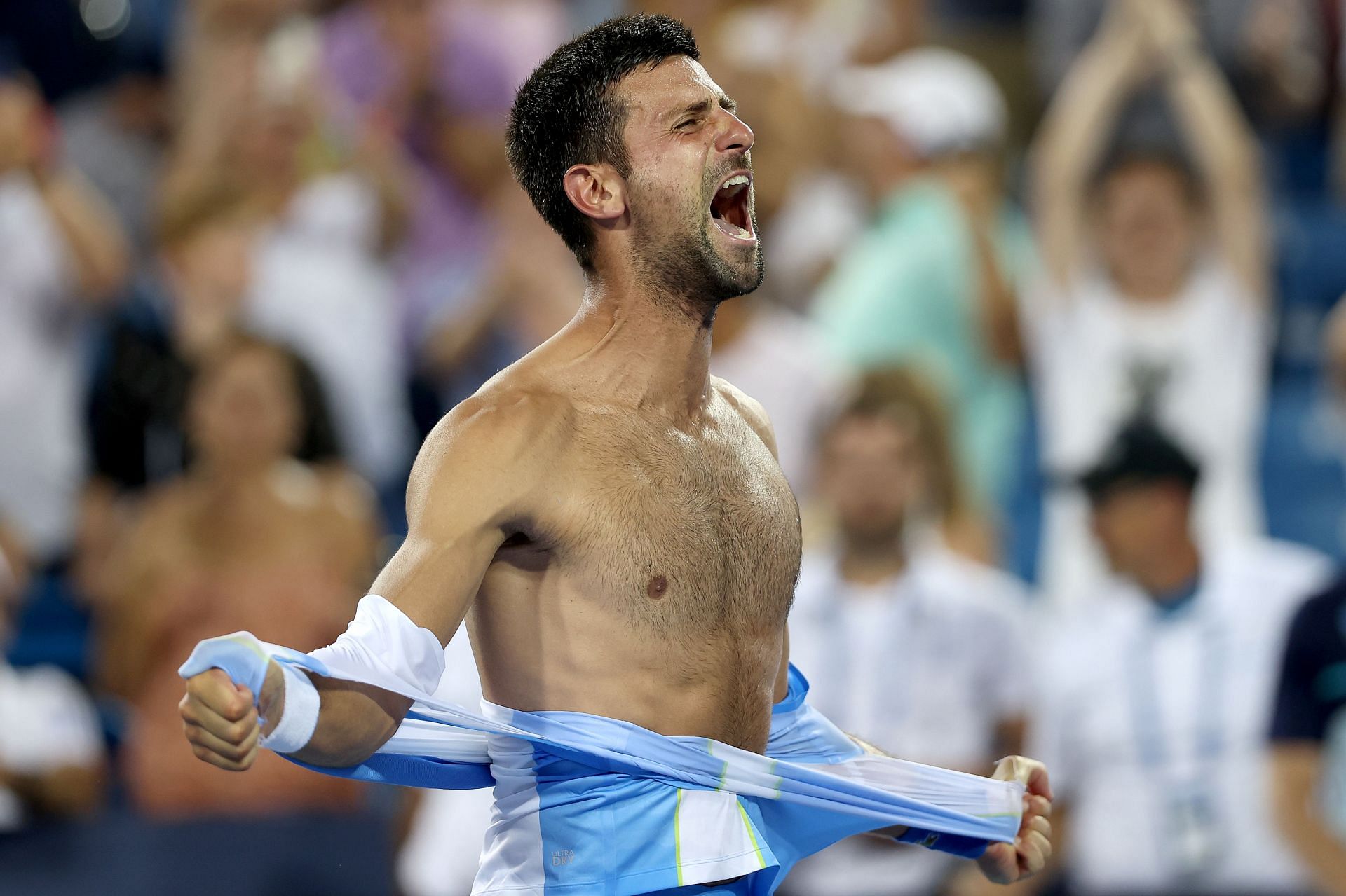 Novak Djokovic celebrates defeating Carlos Alcaraz at the Cincinnati Masters