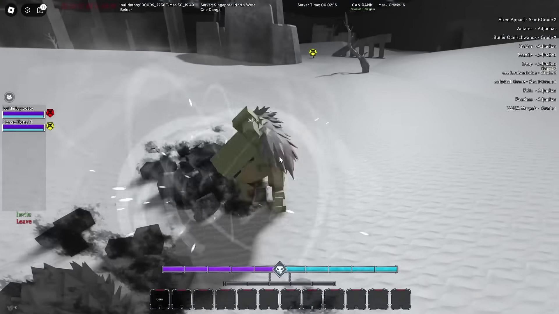 Farming mask cracks as an Adjuchas (Image via Roblox || Builderboy TV on YouTube)