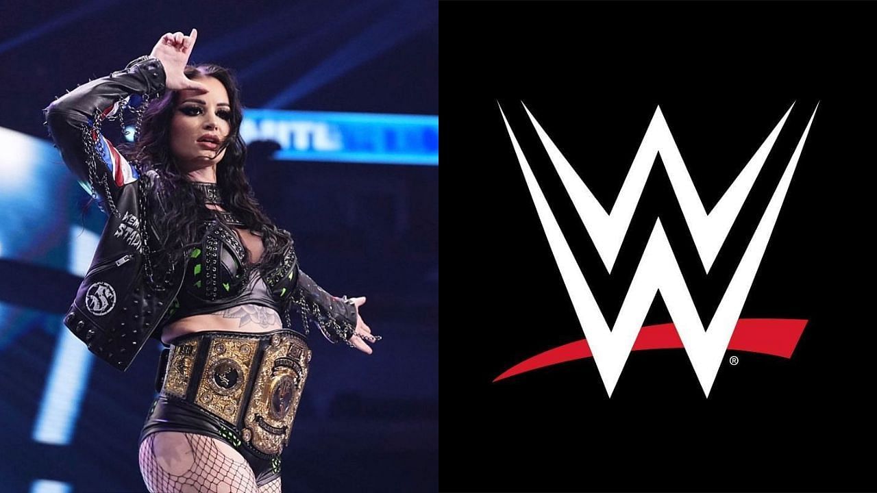 Saraya (left) and WWE logo (right)