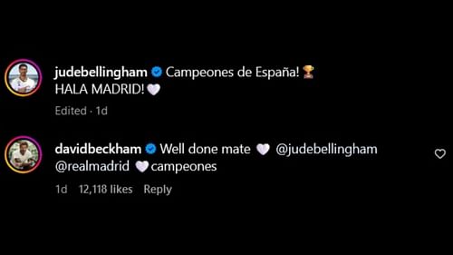 David Beckham comments on Jude Bellingham's celebratory post on Instagram.
