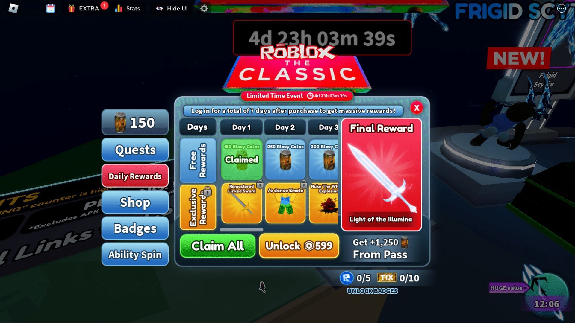 Screenshot of the free and exclusive daily rewards in Blade Ball The Classic event (Image via Roblox)