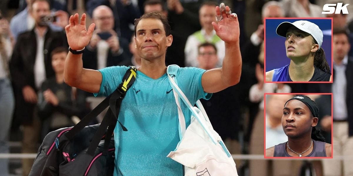 Rafael Nadal pictured at the 2024 French Open; Iga Swiatek and Coco Gauff (inset) (Image Source: Getty)