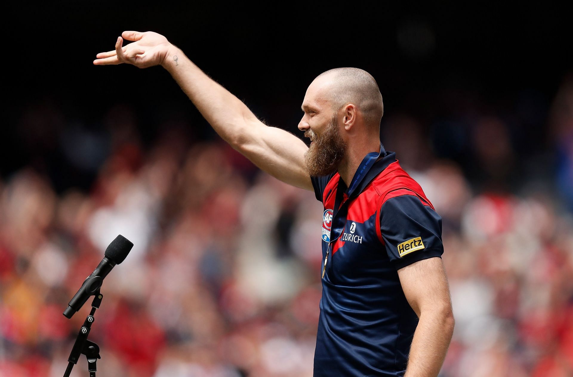 Max Gawn addresses the crowd during the Melbourne Demons Premiership Celebration