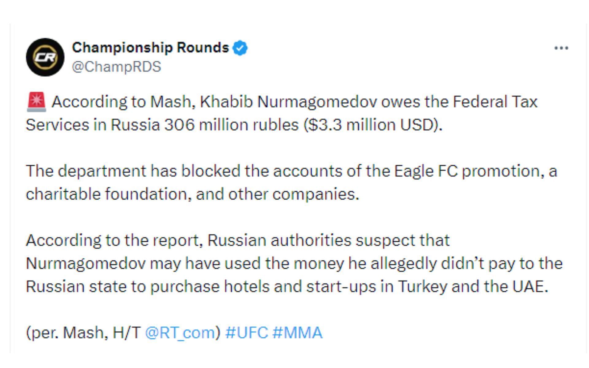 Championship Rounds&#039; tweet regarding Nurmagomedov [Image courtesy: @ChampRDS - X]