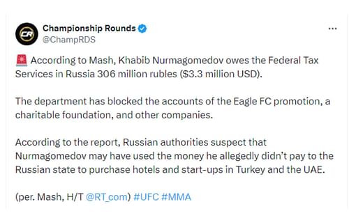 Championship Rounds' tweet regarding Nurmagomedov [Image courtesy: @ChampRDS - X]