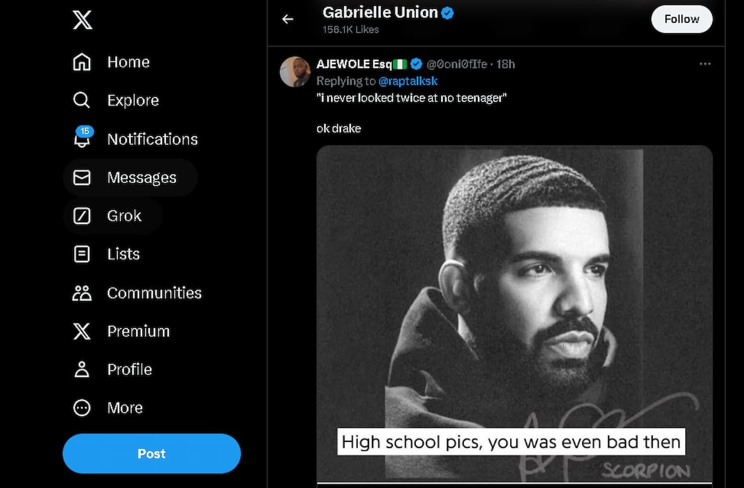 Gabrielle Union liked the tweet calling out Drake