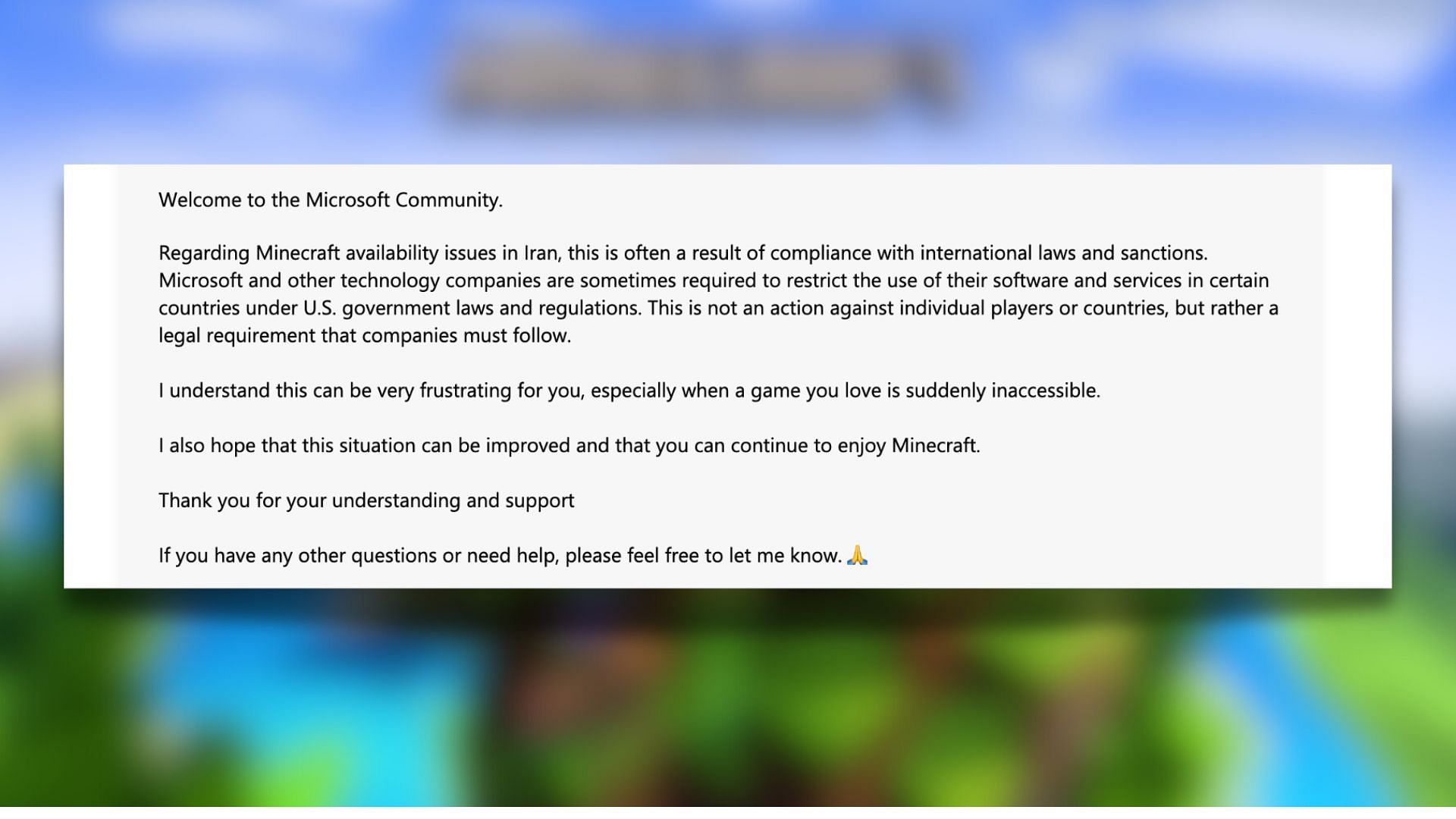 Minecraft&#039;s community support response to the ban (Image via Microsoft)