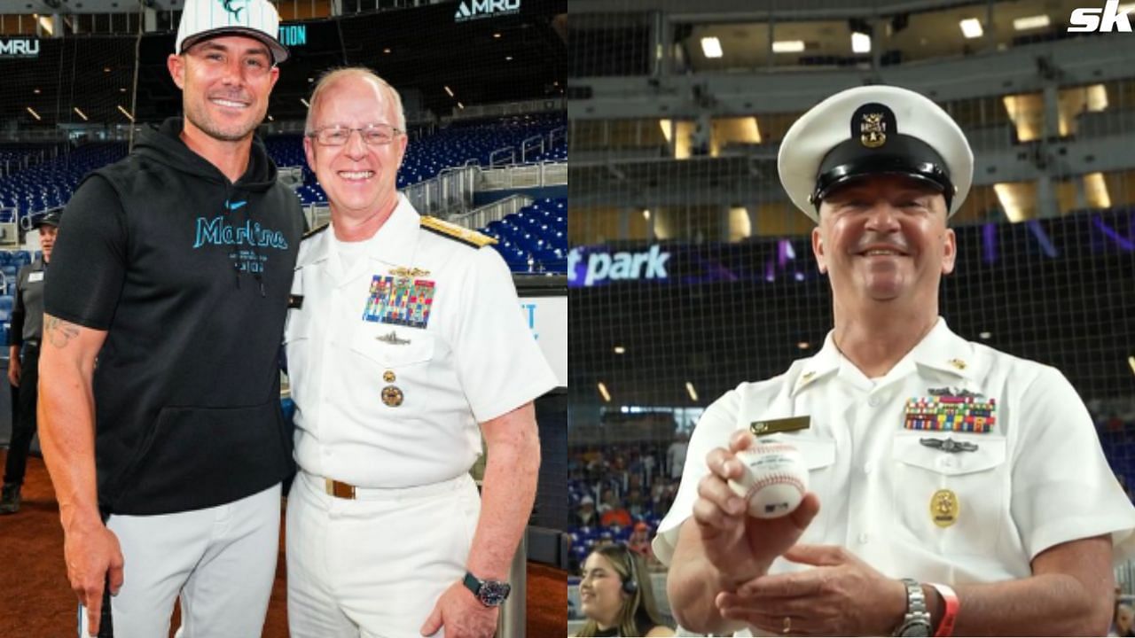 US Navy Admiral Daryl Lane Caudle throws first pitch in army uniform ahead of Marlins game