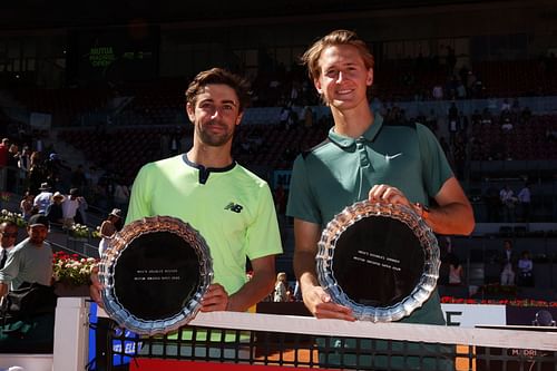 Sebastian Korda (right) and Jordan Thompson with the men's doubles title at the Madrid Open.