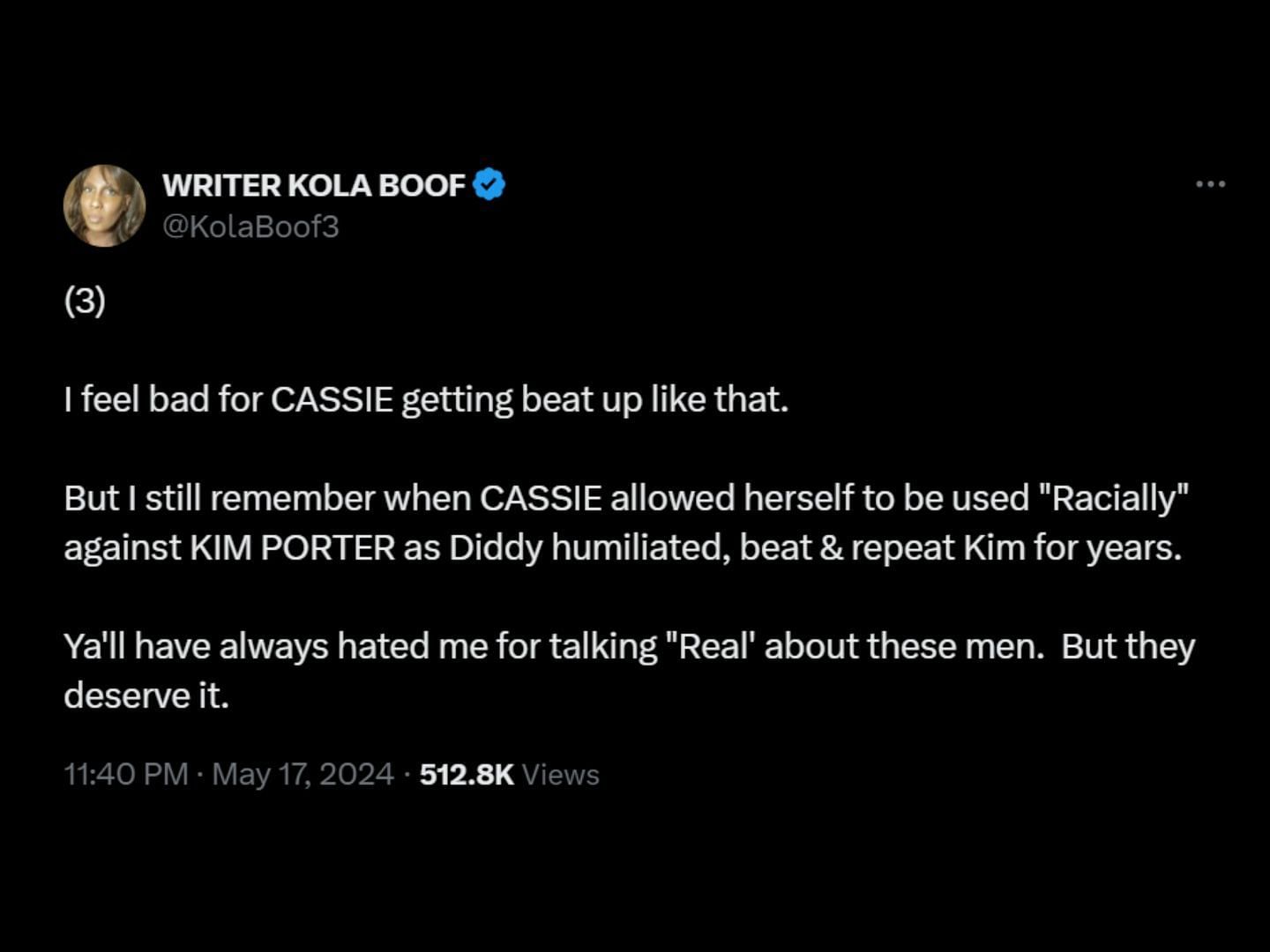 Kola Boof talks about Kim Porter amid Puffy-Cassie surveillance footage upload. (Image via X/KolaBoof3)