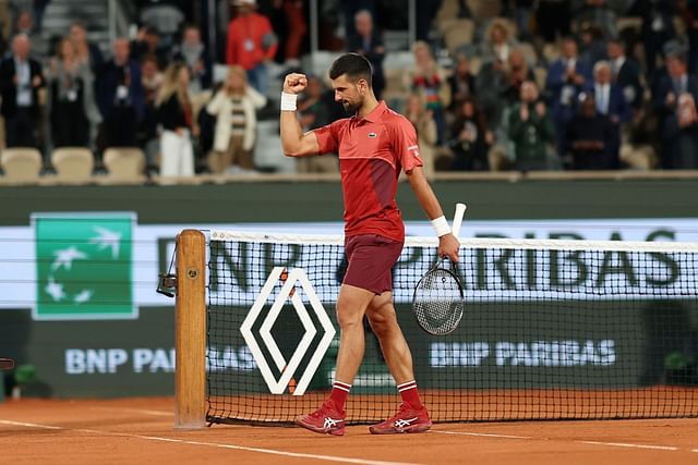 Novak Djokovic celebrates his first-round win at the 2024 French Open. GETTY