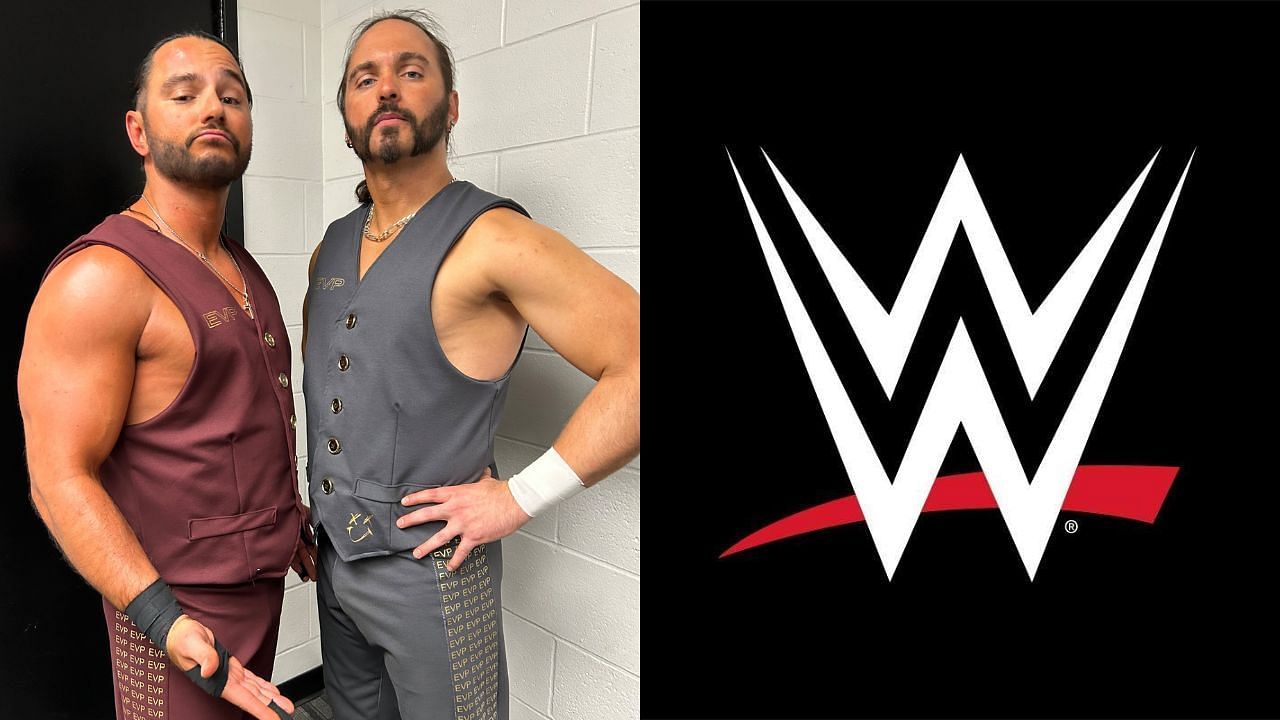 The Young Bucks (left) and WWE logo (right)