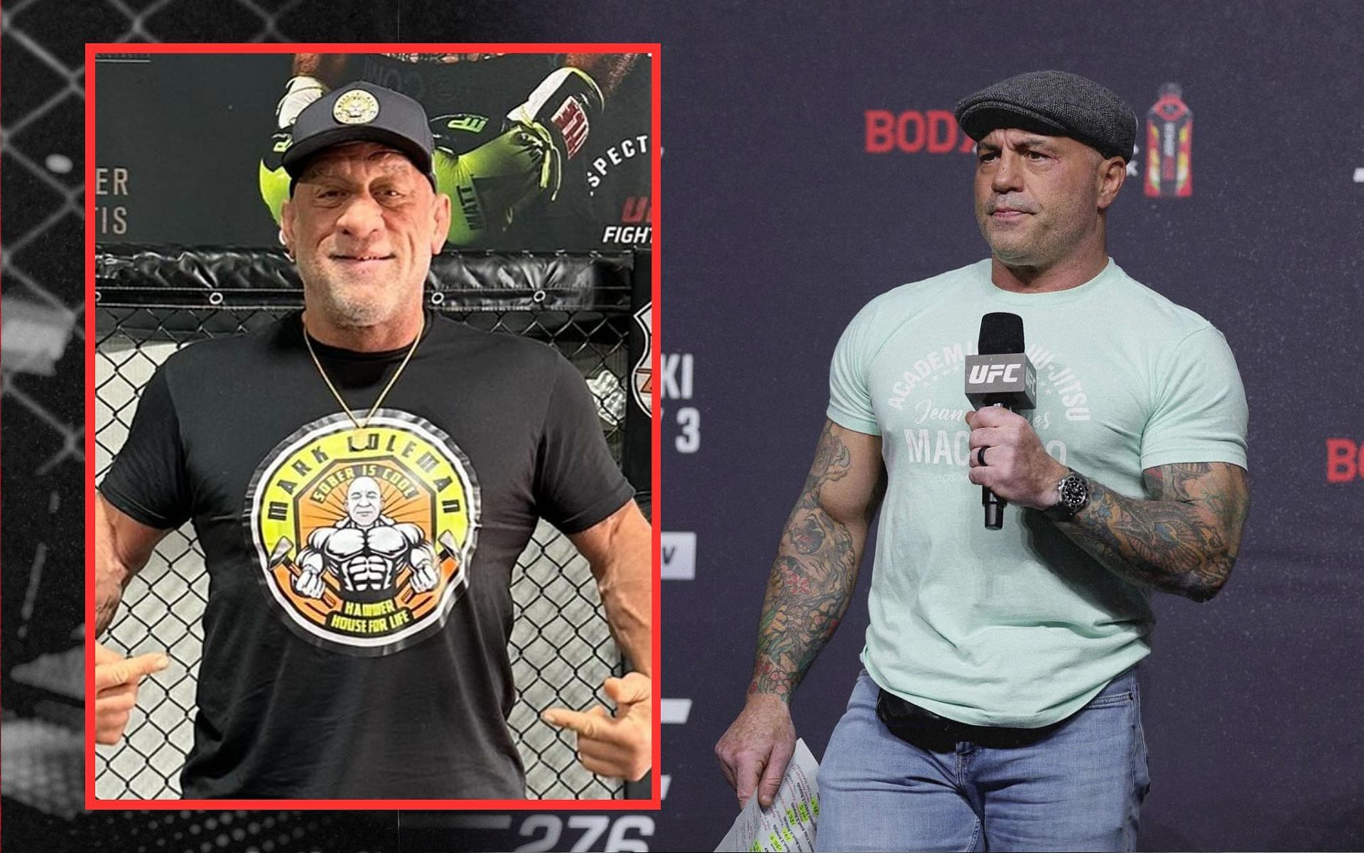 Mark Coleman (inset) opens up on his viral clip of shoving away Joe Rogan (right). [Image courtesy: @markcolemanufc on Instagram; Getty Images]
