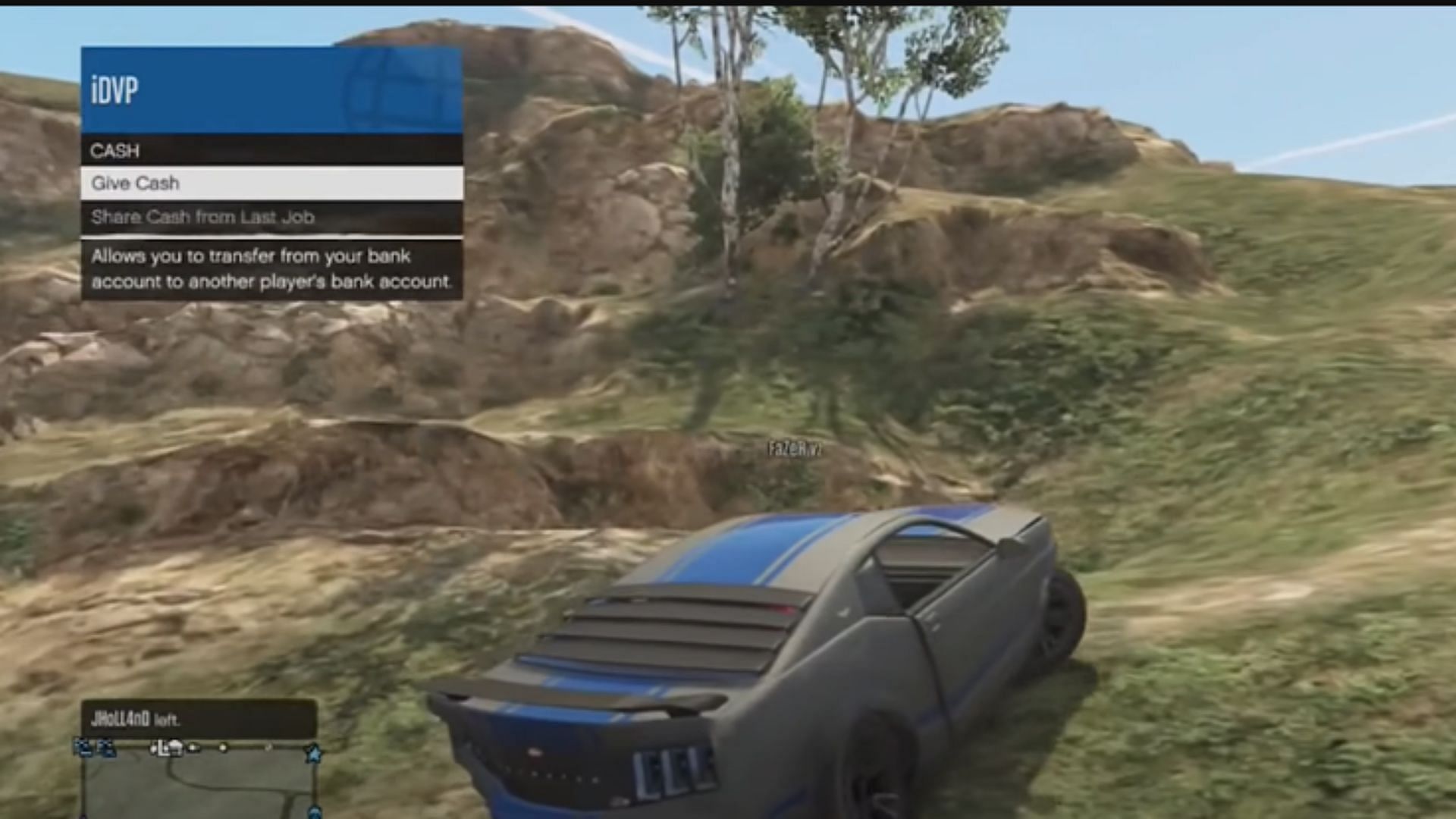 The now-removed Give Cash option in the Interaction Menu (Image via YouTube/ZacCoxTV)