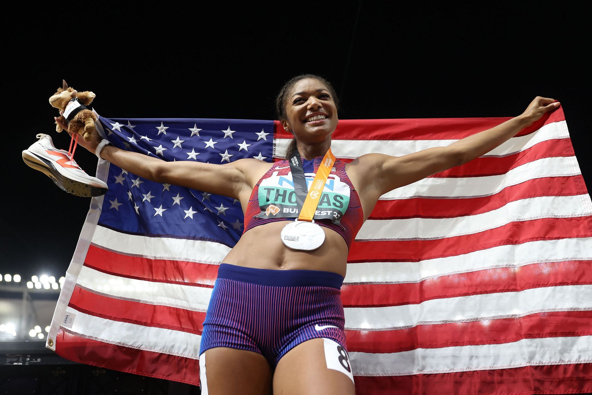 Gabby Thomas of Team United States celebrates after the Women&#039;s 200m Final during the 2023 World Athletics Championship in Budapest, Hungary.