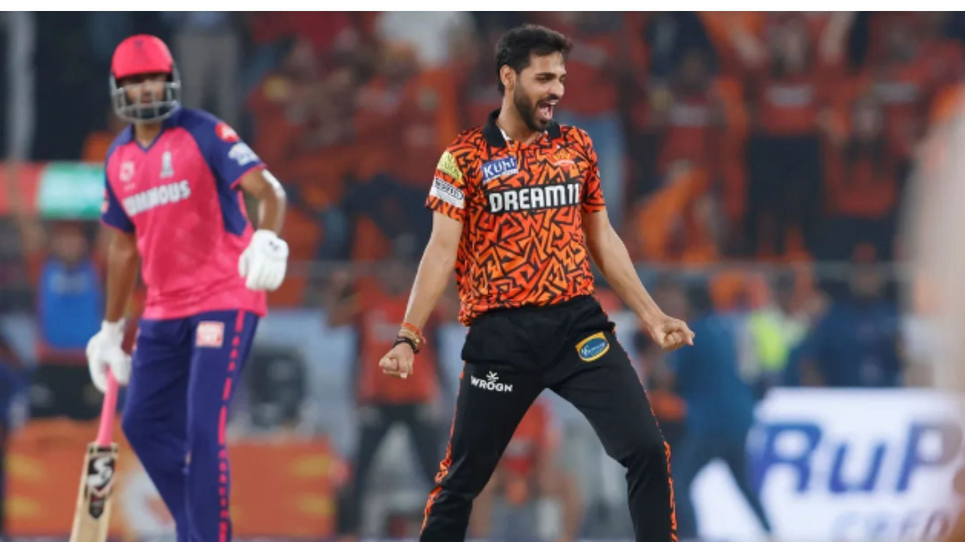 Bhuvneshwar Kumar celebrates picking the wicket of Rovman Powell. 