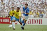 Romario of Brazil and Dino Baggio of Italy (Photo by Mike Hewitt/Getty Images)