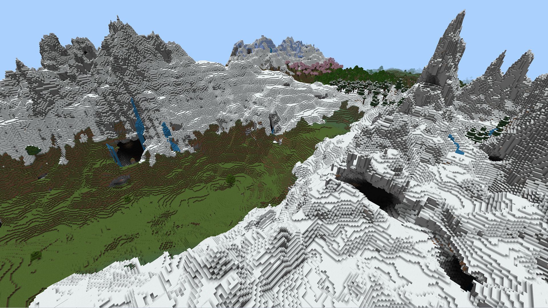 A small section of the mountains the player spawns in (Image via Mojang)