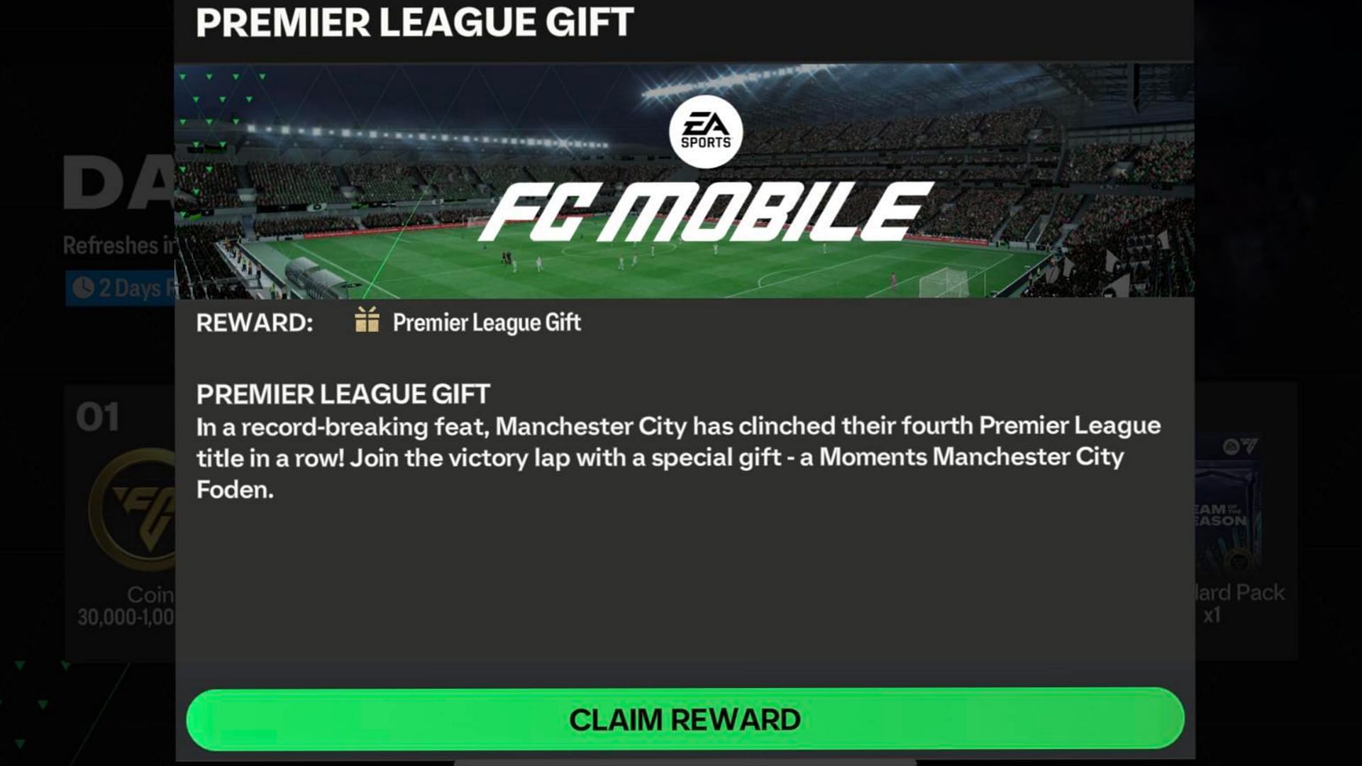 Message confirming the addition of the Premier League POTS Phil Foden in FC Mobile (Image via EA Sports)