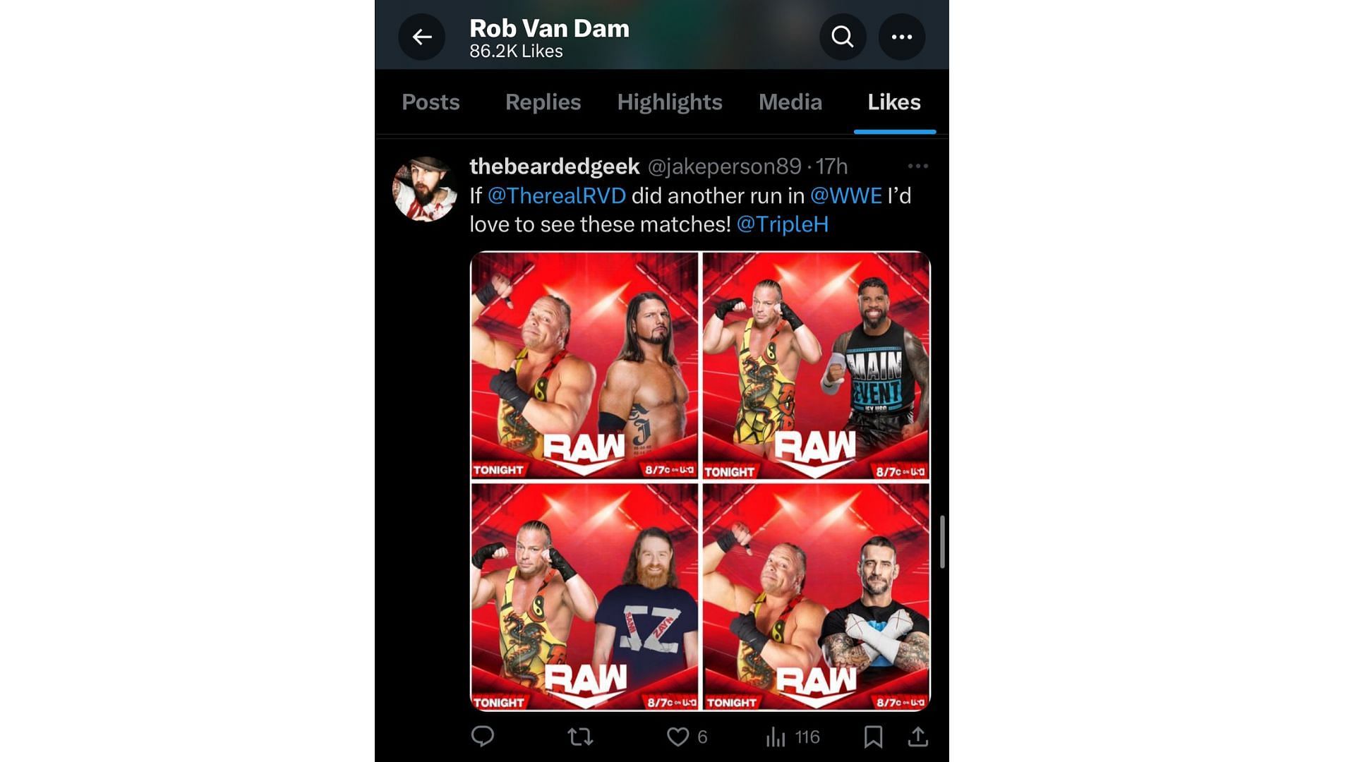 Rob Van Dam liked a fan tweet pitting him against several WWE stars